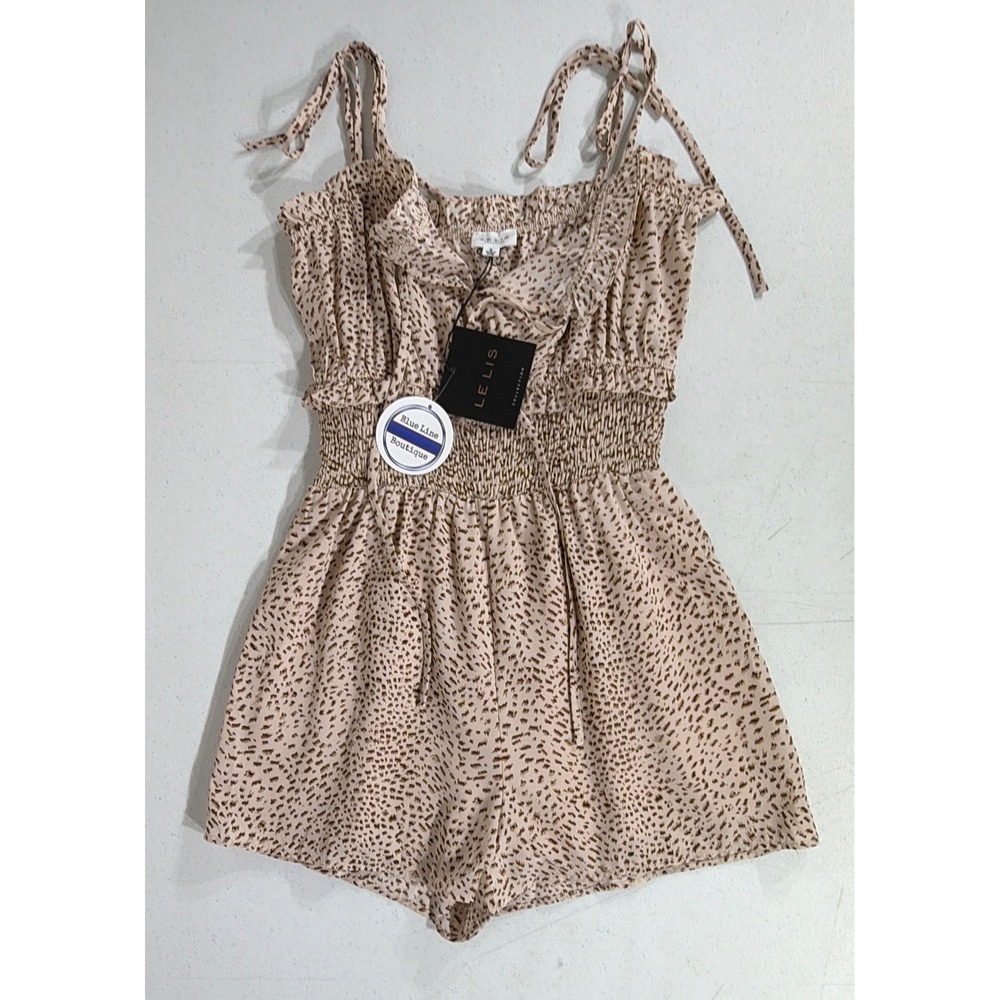 Le Lis Romper Small Tan Brown Animal Print Ruffle Smocked Tie Shoulder Strap NWT